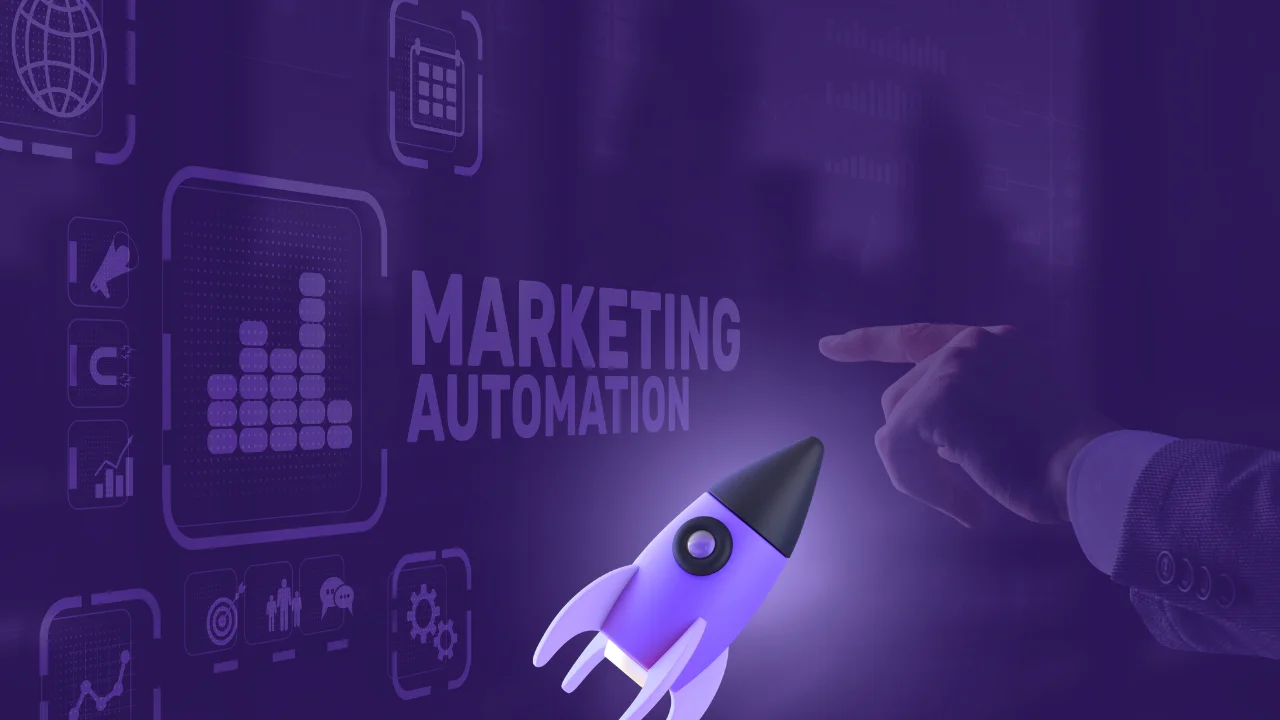 White label marketing automation dashboard concept with a rocket launching toward growth charts