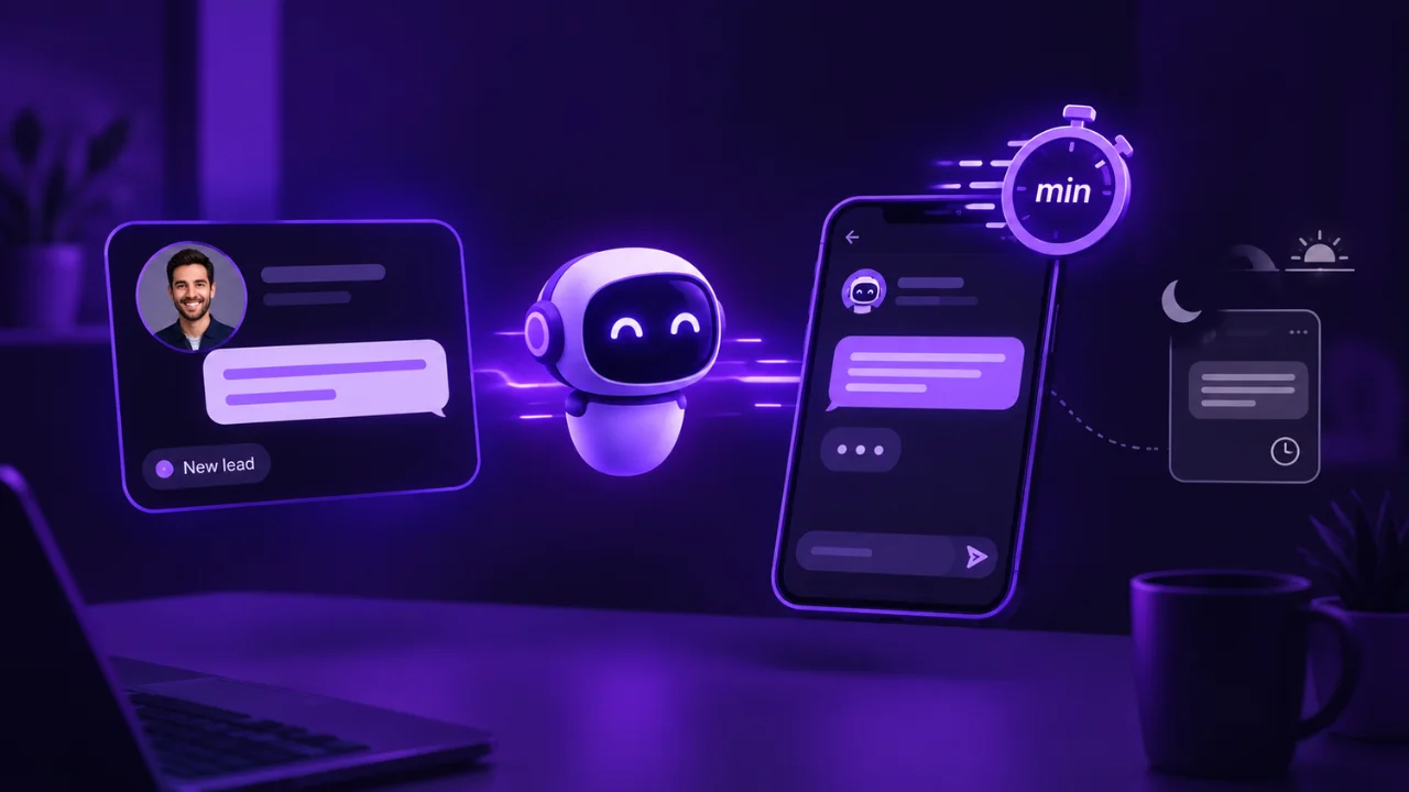 Illustration of an AI robot assistant replying by text to a new lead within minutes, while a manual reply waits until the next morning